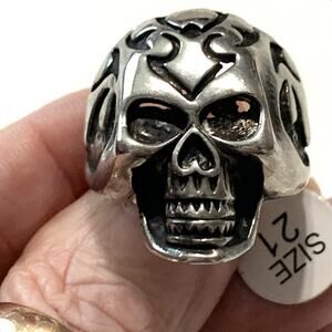 Mens Stainless Steel Metal Skull Ring Antiqued Silver Tone Goth Biker US Sz 10.2